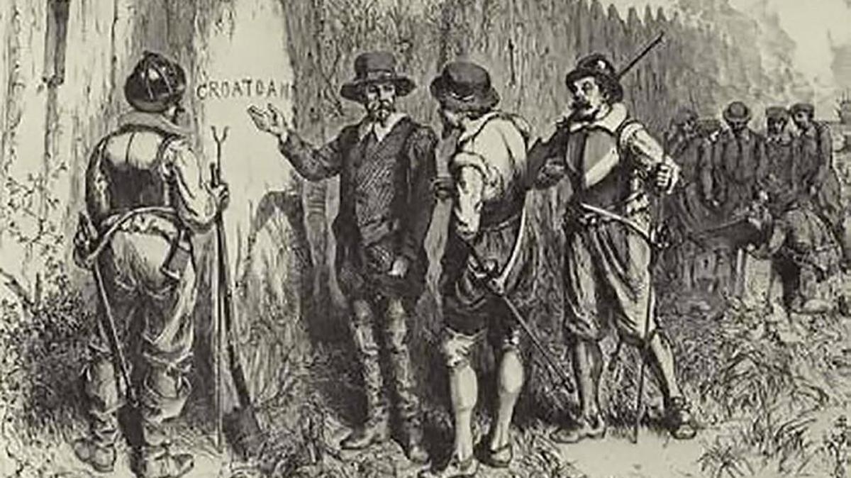 John White discovers the word ‘CROATOAN’ carved at Roanoke’s fort palisade.