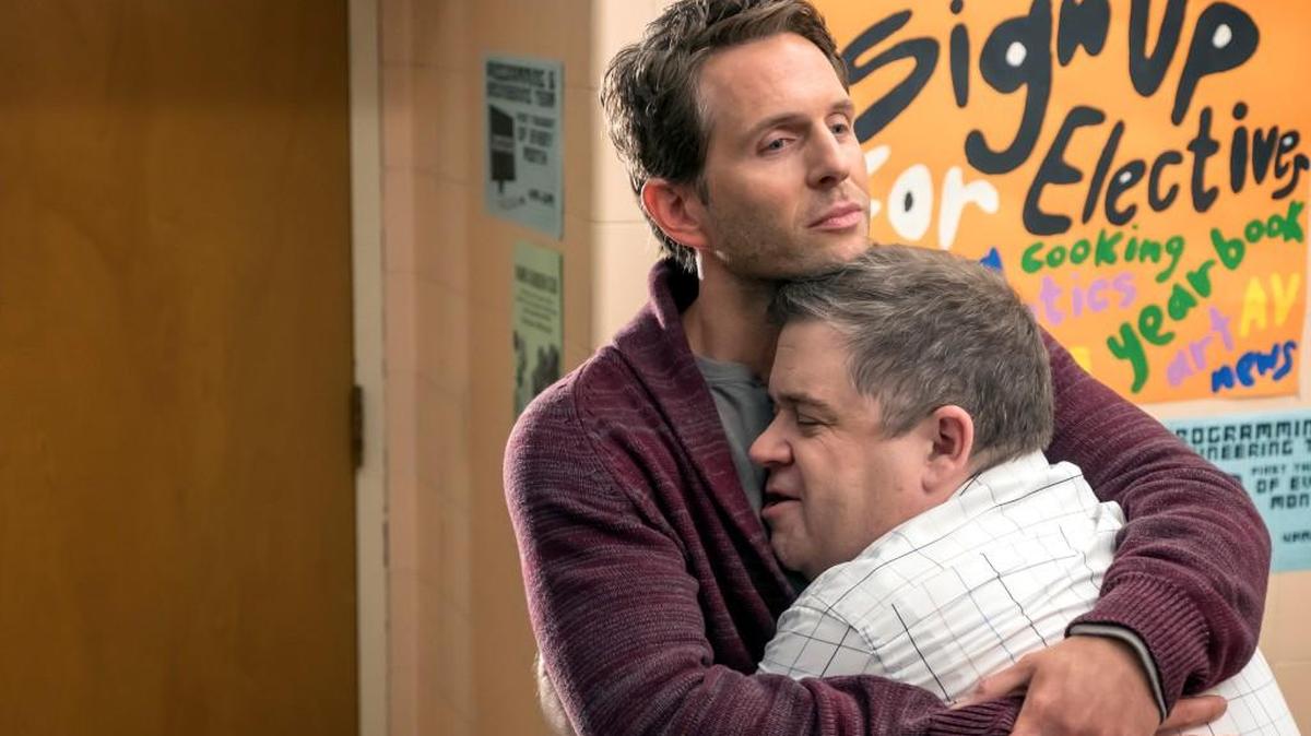 Glenn Howerton, left, as Jack, and Patton Oswalt as Principal Durbin in “A.P. Bio” on NBC.