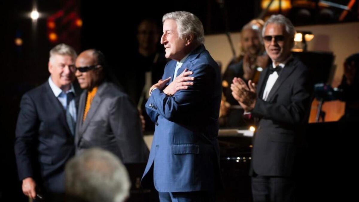 (L-R): Alec Baldwin, Stevie Wonder, Tony Bennett and Andrea Bocelli in “Tony Bennett Celebrates 90: The Best Is Yet To Come.”