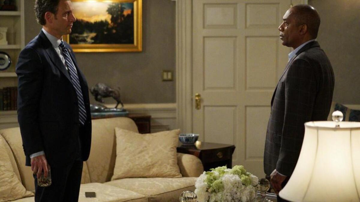 Rowan Pope (Joe Morton, right) is needed to help stop the latest threat in the season finale of “Scandal.” Tony Goldwyn as President Fitzgerald at left.