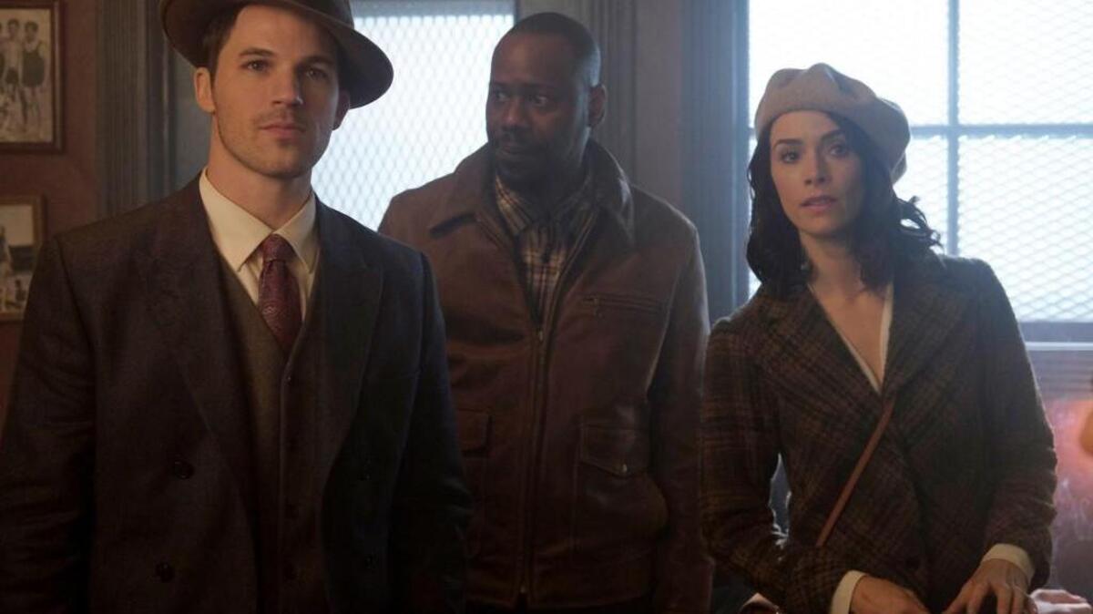 (L-R): Matt Lanter as Wyatt Logan, Malcolm Barrett as Rufus Carlin, Abigail Spencer as Lucy Preston in NBC’s “Timeless.”