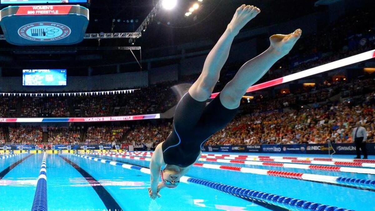 Katie Ledecky, pictured here at U.S. Olympic swimming trials in June, competes in the 400m free finals on Sunday.