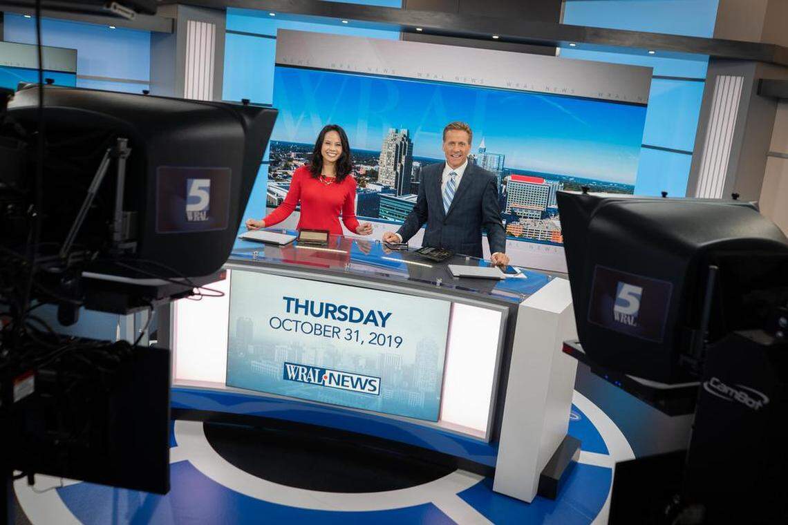 WRAL and morning and noon news anchors Renee Chou and Jeff Hogan on set on Oct. 31, 2019.