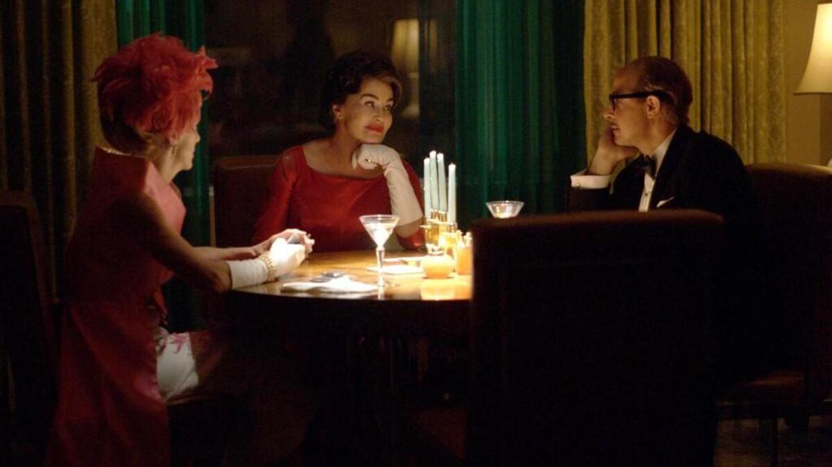 (L-R): Judy Davis as Hedda Hopper, Jessica Lange as Joan Crawford and Stanley Tucci as Jack Warner in the season finale of “Feud: Bette and Joan.”