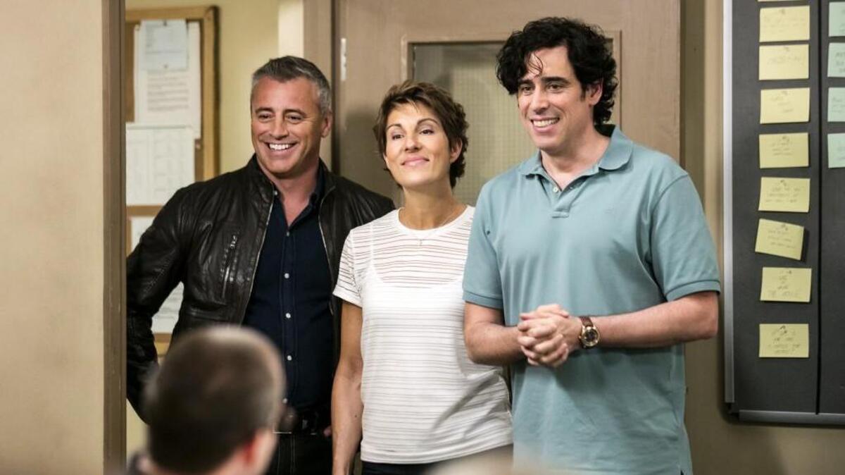 (L-R): Matt LeBlanc as himself, Tamsin Greig as Beverly Lincoln and Stephen Mangan as Sean Lincoln in “Episodes” on Showtime.