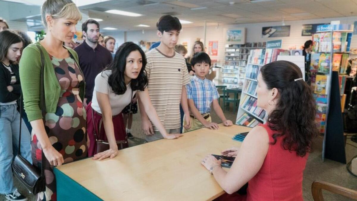 (L-R): Chelsey Crisp, Constance Wu, Forrest Wheeler, Ian Chen and Nancy Kerrigan in “Fresh Off the Boat” on ABC.