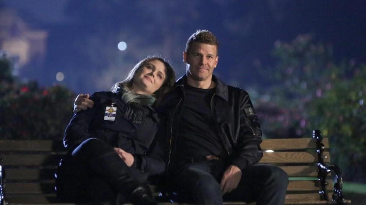 Emily Deschanel, left, and David Boreanaz in the series finale episode of “Bones” on Fox.