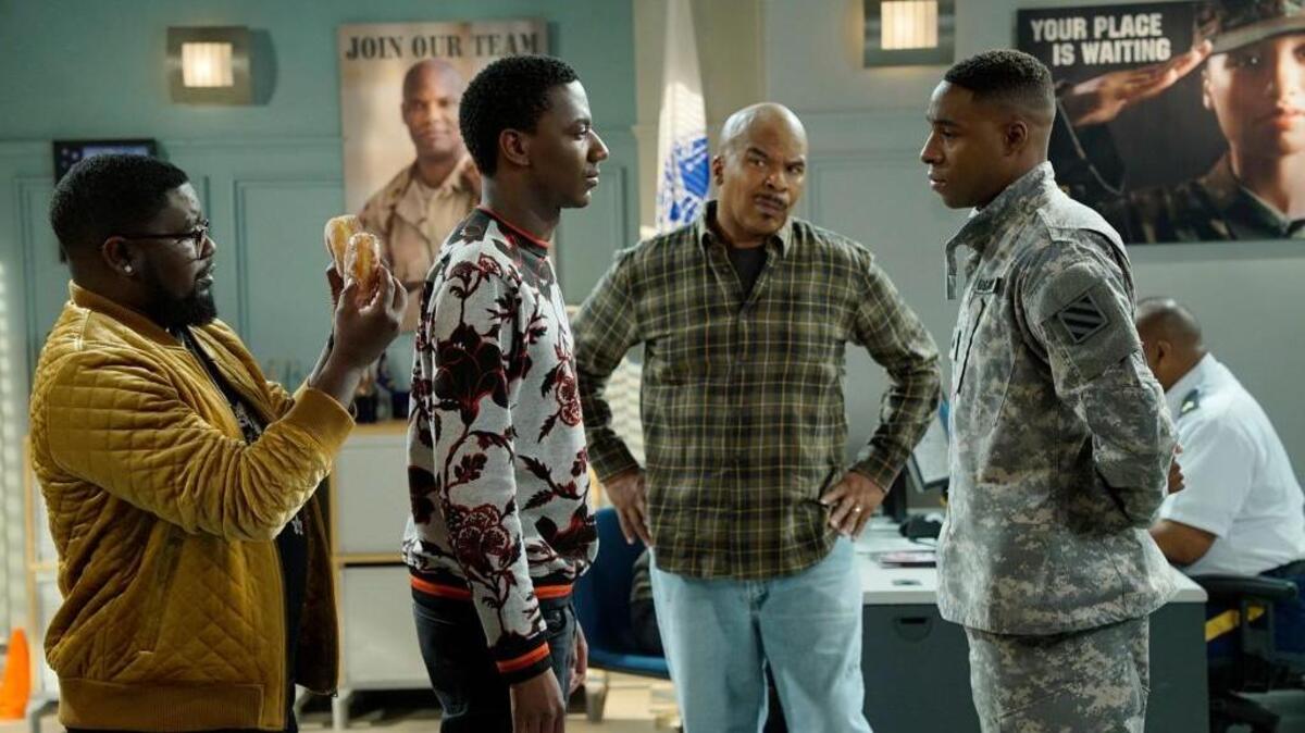 (L-R): Lil Rel Howery as Bobby Carmichael, Jerrod Carmichael as Jerrod Carmichael, David Alan Grier as Joe Carmichael and Grantham Coleman as Kevin in “The Carmichael Show” on NBC.