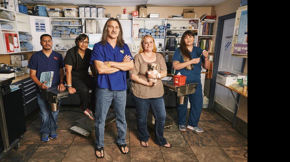 
(L-R) Hector Martinez, Dyani King, Dr. Jeff Young, Melody Young-Obuobisa and Tasha Crabtree in the Planned Pethood clinic in Denver, Co., featured on the Animal Planet series “Dr. Jeff: Rocky Mountain Vet.”
