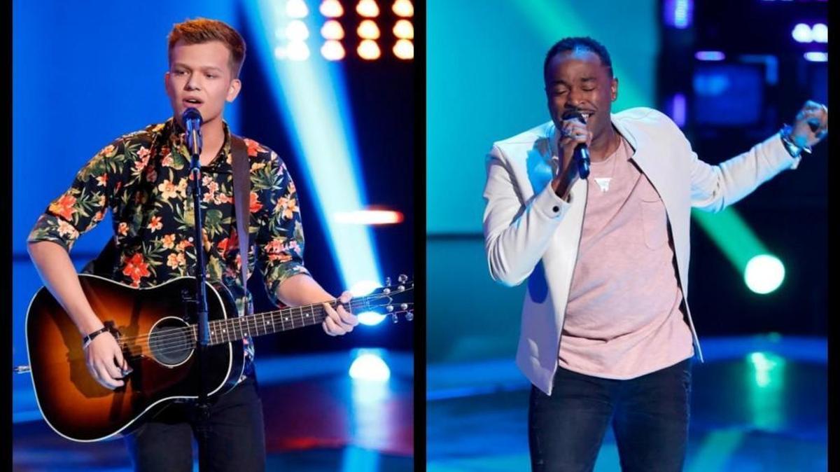 Britton Buchanan, left, and Rayshun LaMarr, right, during Blind Auditions for “The Voice” on NBC.