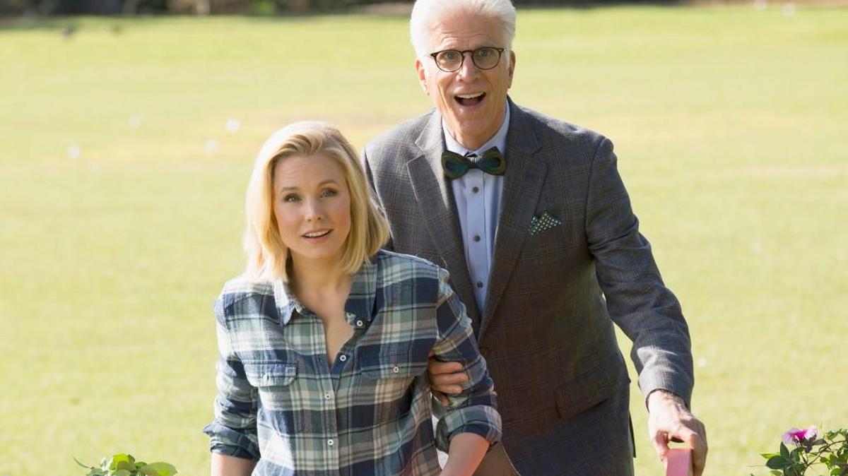 Kristen Bell as Eleanor and Ted Danson as Michael in NBC’s “The Good Place.”