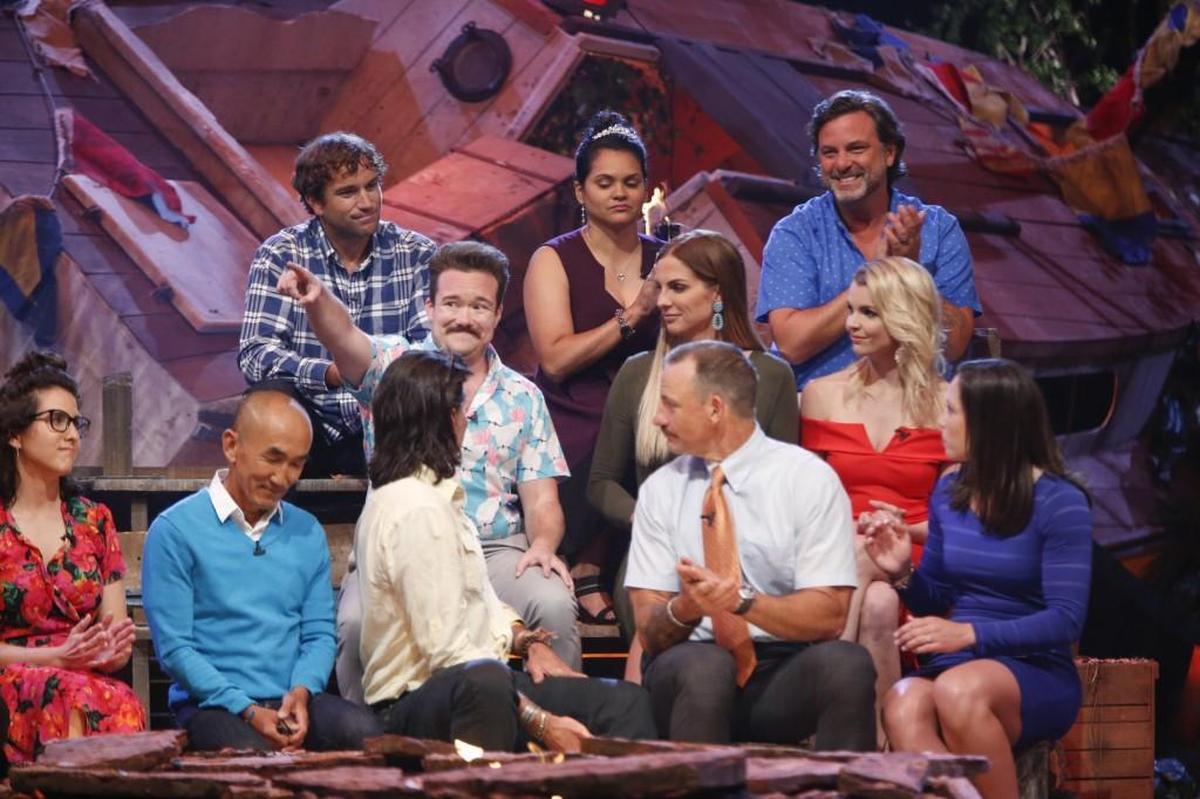 Zeke Smith, middle row at left, talks of the overwhelming support he has received during the ‘Survivor: Game Changers’ live finale on Wednesday night in Los Angeles. In the back row, at center and right, are North Carolina contestants Sandra Diaz-Twine and Jeff Varner. Sarah Lacina, front row at right, won the competition.