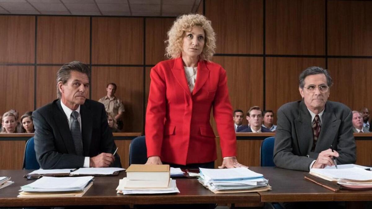 (L-R): Harry Hamlin as Barry Levin, Edie Falco as Leslie Abramson and Robin Thomas as David Conn in “Law & Order True Crime: The Menendez Murders.”