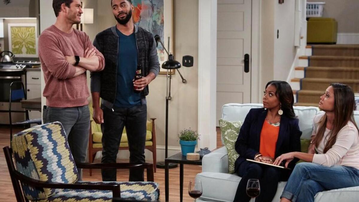 
(L-R): Mark-Paul Gosselaar as Mitch, Tone Bell as Russell, Bresha Webb as Angie, Vanessa Lachey as Tracy.
