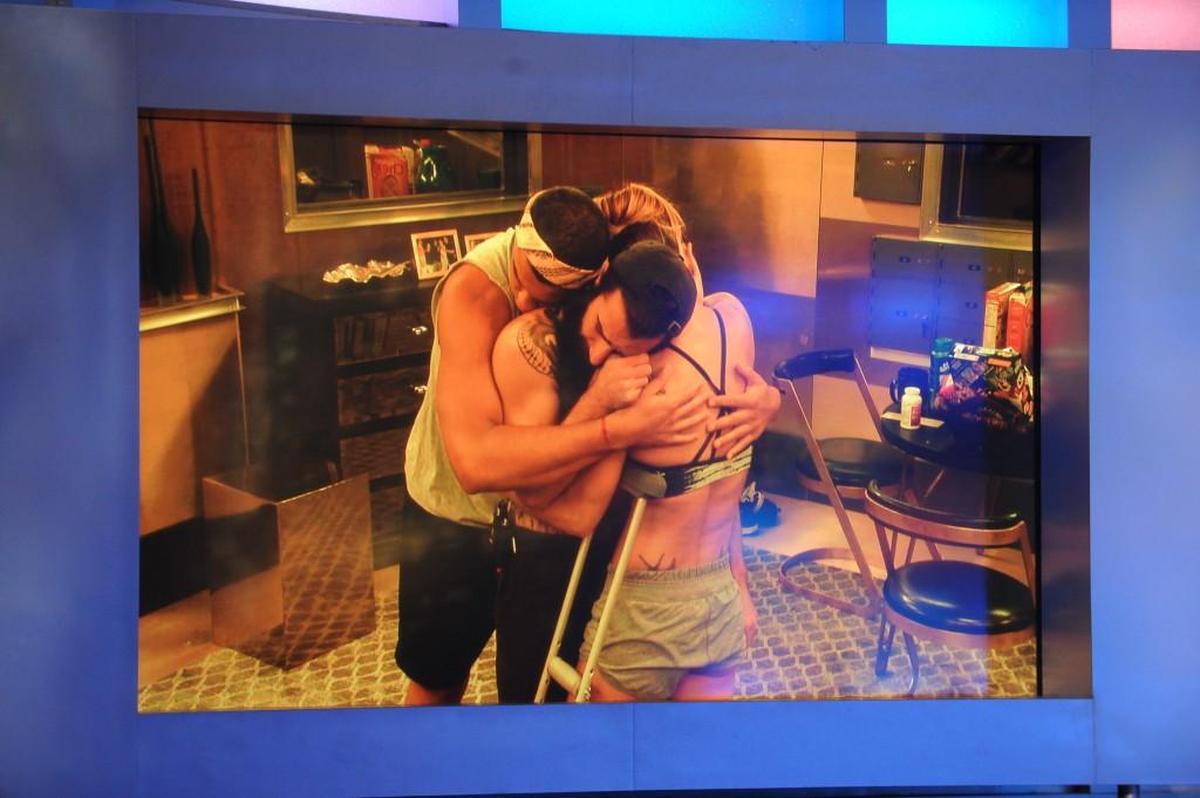 Josh Martinez, Paul Abrahamian and Christmas Abbott share a moment on “Big Brother” on CBS.