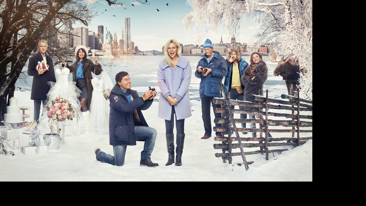
“Welcome to Sweden” cast, pictured L-R: Patrick Duffy as Wayne Evans, Illeana Douglas as Nancy Evans, Greg Poehler as Bruce Evans, Josephine Bornebusch as Emma Wiik, Clas Mansson as Birger Wiik, Christopher Wagelin as Gustaf Wiik and Lena Olin as Viveka Wiik. 
