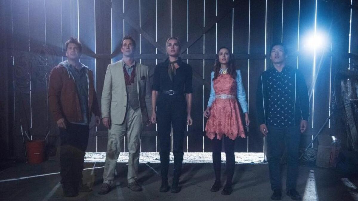 (L-R): Christian Kane, Noah Wyle, Rebecca Romijn, Lindy Booth and John Kim in “The Librarians” on TNT.