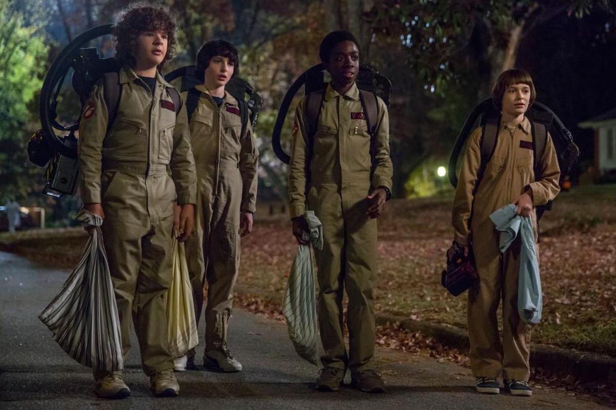 (L-R): Gaten Matarazzo, Finn Wolfhard, Caleb McLaughlin and Noah Schnapp in the Netflix series “Stranger Things 2.”
