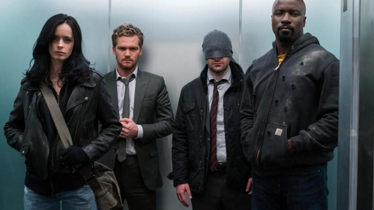 (L-R): Krysten Ritter, Finn Jones, Charlie Cox and Mike Colter in “Marvel's The Defenders” on Netflix.