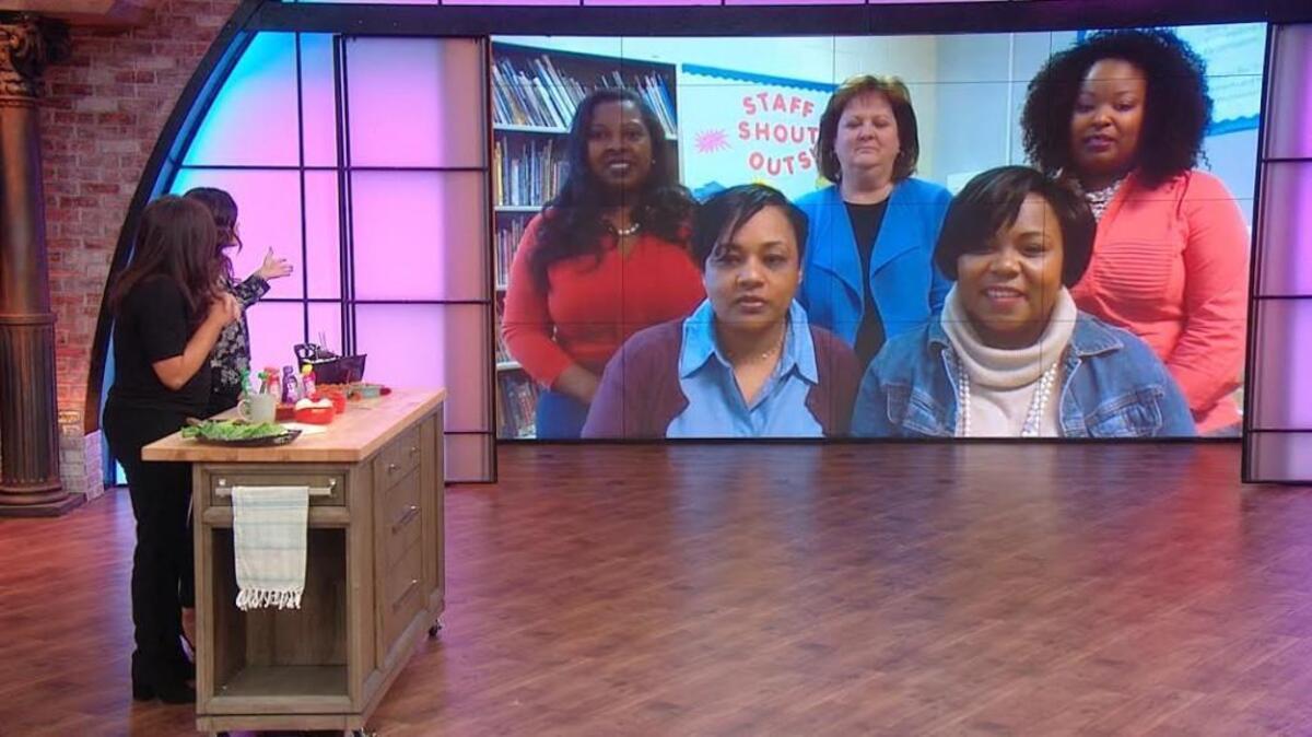 Bugg Elementary School teachers Khalilah Gilmore, Kimberly Brown, Malikah Wells, Nicole Williams-Kearns and Sonya Mitchiner appear on TV show “Rachael Ray” via Skype.