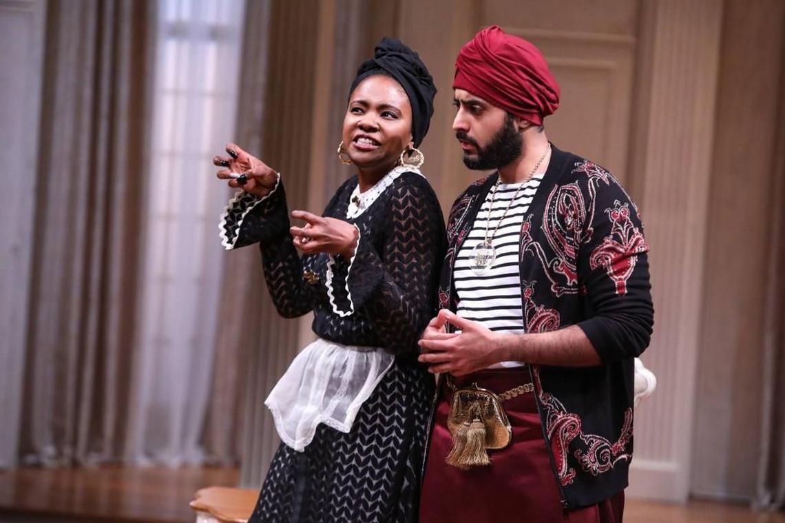 Shanelle Nicole Leonard practically steals the show with her sassy, no-nonsense maid, Dorine, who plots to expose Tartuffe along with Rishan Dhamija’s rational Cleante in Molière's “Tartuffe.”