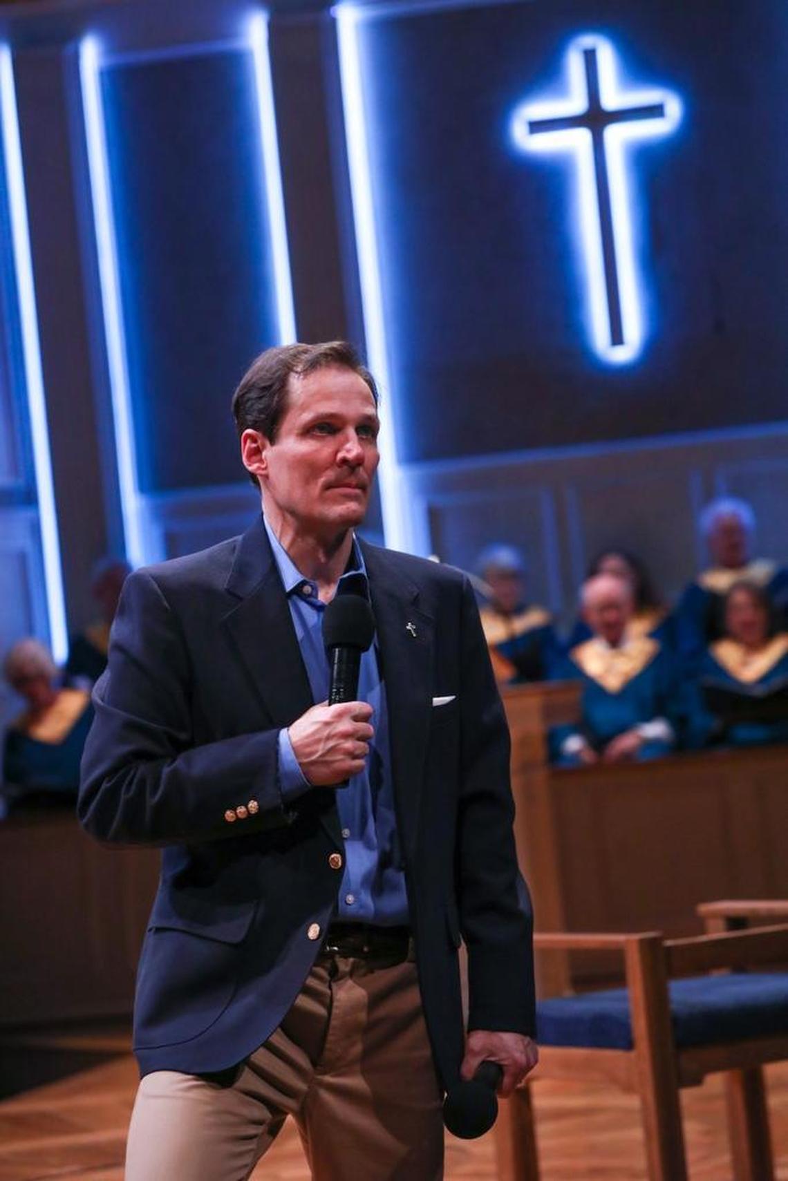 Joey Collins stars as Pastor Paul in PlayMakers Repertory Company’s production of “The Christians” by Lucas Hnath.