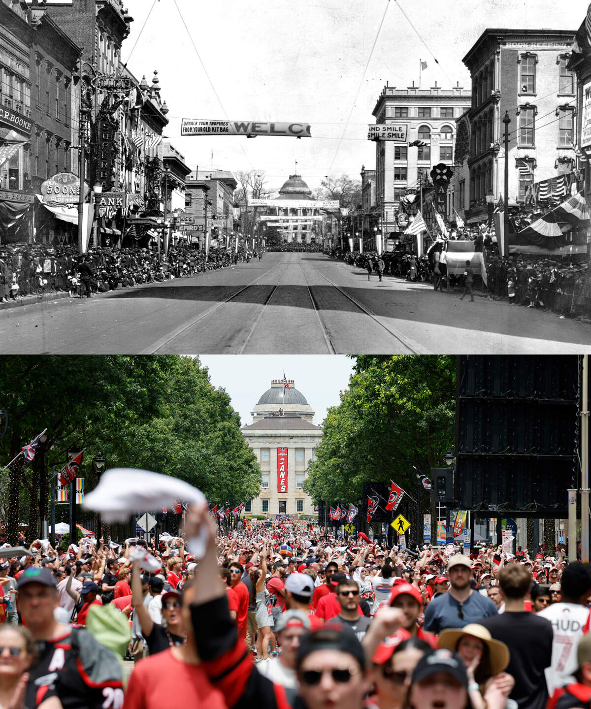 A parade on Raleigh’s Fayetteville Street in 1918 welcoming home 113th Field Artillery following World War l. Note the electric streetcar tracks running down Fayetteville Street.  Raleigh’s streetcars stopped operating in 1933 and many tracks were removed or paved over.  The population of Raleigh in 1918 was approximately 24,000 people.  At bottom is a scene from the parade and rally for the Stanley Cup Champion Carolina Hurricanes, June 20, 2026.  Attendance at the event has been estimated at 180,000.