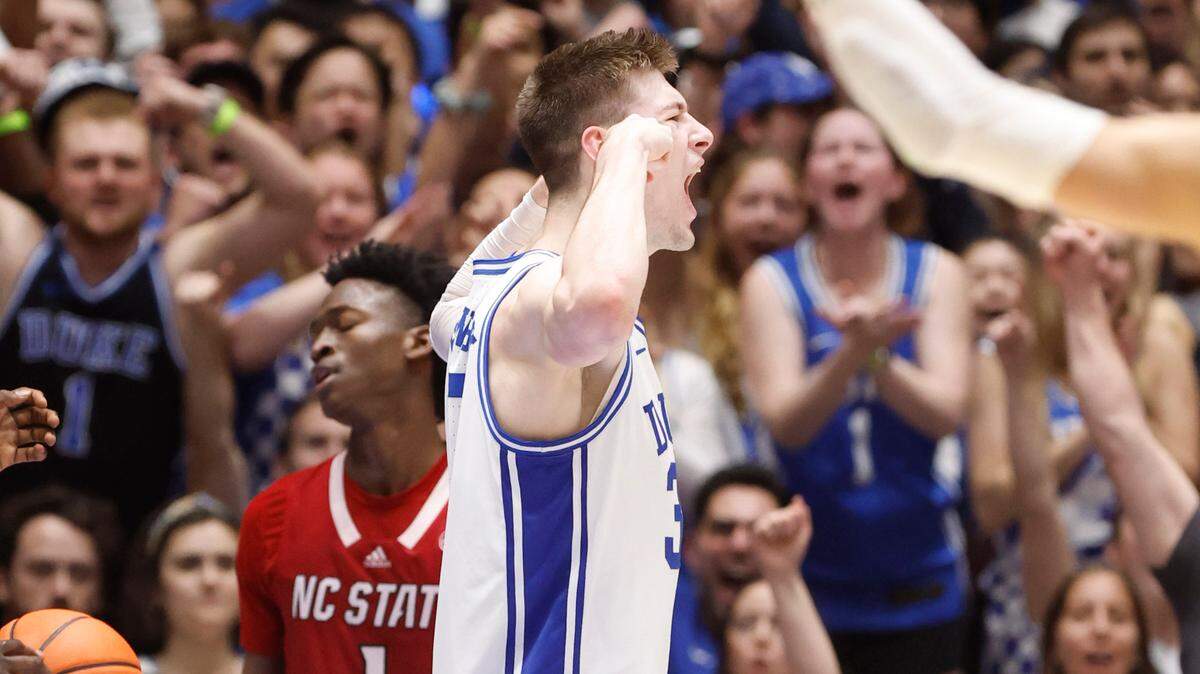 Duke’s Kyle Filipowski (30) celebrates after making the basket while being fouled during the second half of Duke’s 71-67 victory over N.C. State at Cameron Indoor Stadium in Durham, N.C., Tuesday, Feb. 28, 2023.
