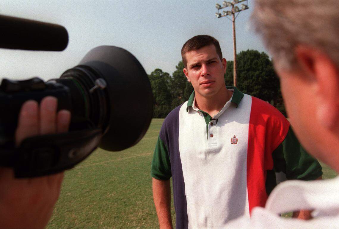 WAKE1.SP082195.CCS--Wake Forest QB Rusty LaRue talks to the media during Operation Football day held in Winston-Salem Monday. staff/Chris Seward