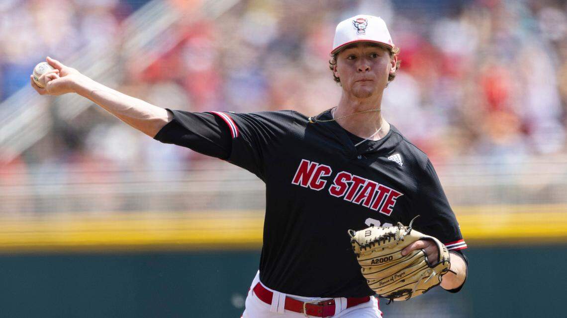 North Carolina State starting pitcher Garrett Payne throws against Vanderbilt in the first inning during a baseball game in the College World Series, Friday, June 25, 2021, at TD Ameritrade Park in Omaha.