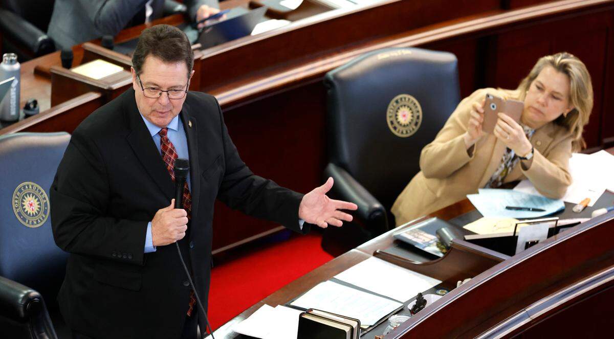 In this file photo, N.C. Sen. Kevin Corbin debates a bill on the Senate floor in April 2023.