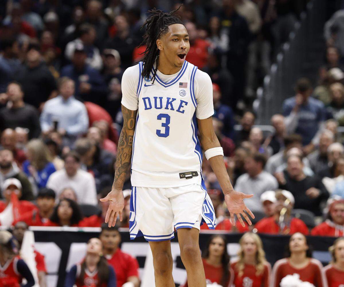 Duke’s Isaiah Evans (3) celebrates making a three-pointer during the second half of Duke’s 80-75 victory over St. John’s in the Sweet 16 of the NCAA Men’s Basketball East Regional at Capital One Arena in Washington, D.C., Friday, March 27, 2026.