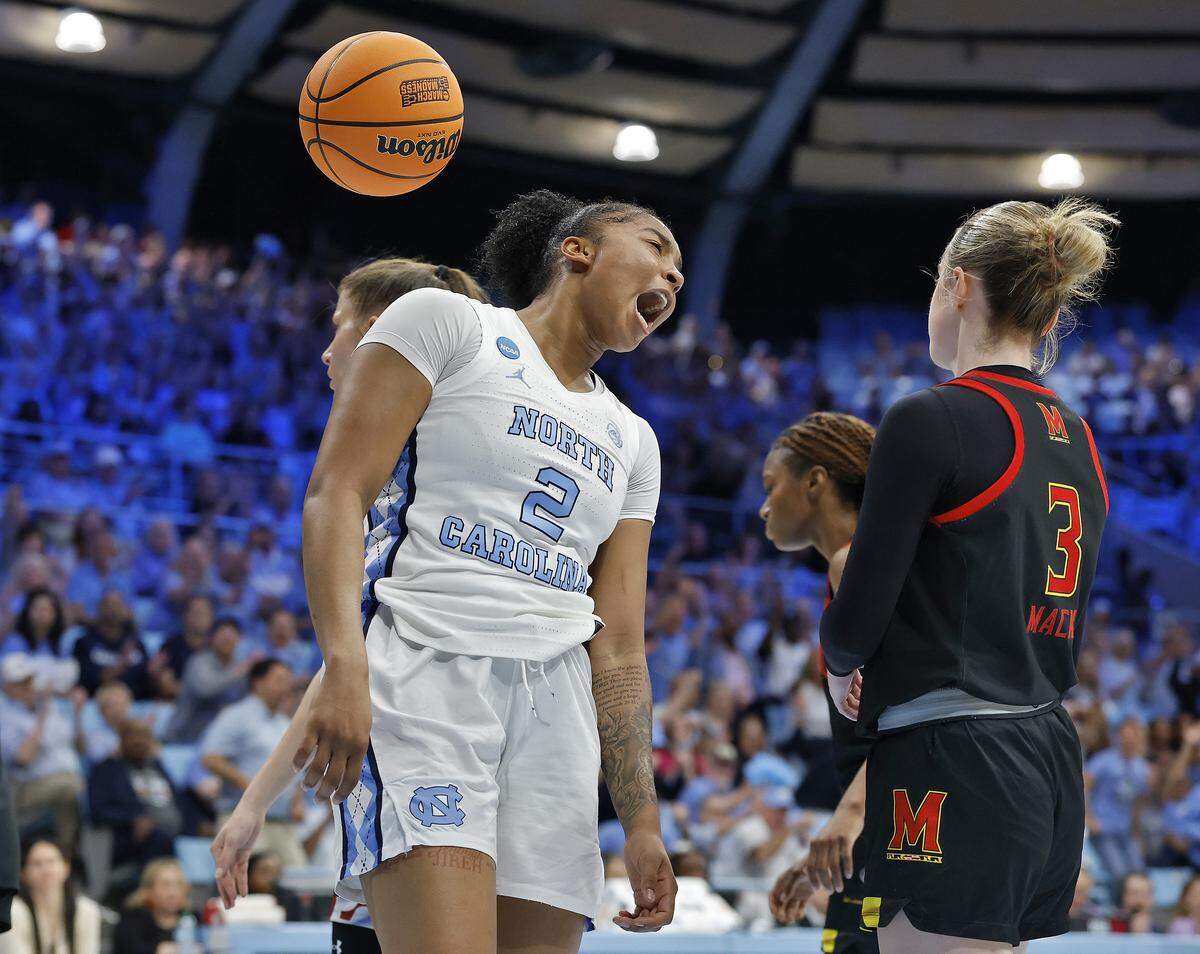 North Carolina’s Nyla Harris reacts after drawing a foul during the first half of the Tar Heels’ second-round NCAA Tournament game against Maryland on Sunday, March 22, 2026, at Carmichael Arena in Chapel Hill, N.C.