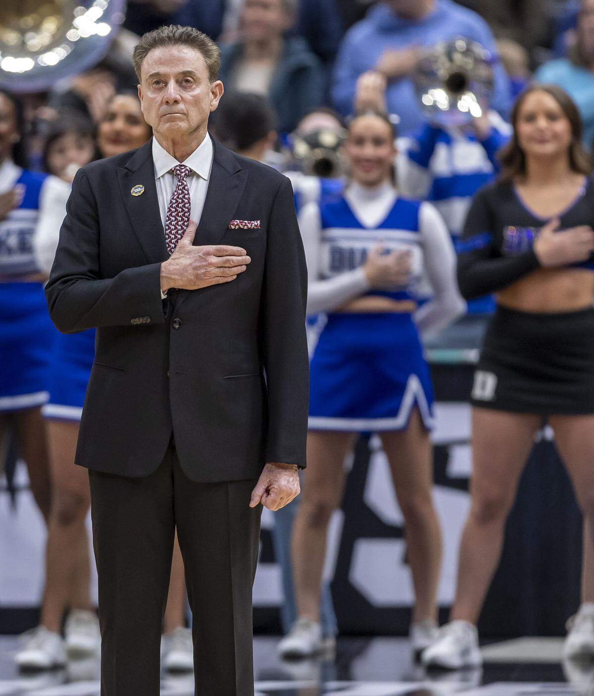 St. John’s coach Rick Pitino stands for the National Anthem prior to the game against Duke on Friday, March 27, 2026, at Capital One Arena in Washington, D.C.