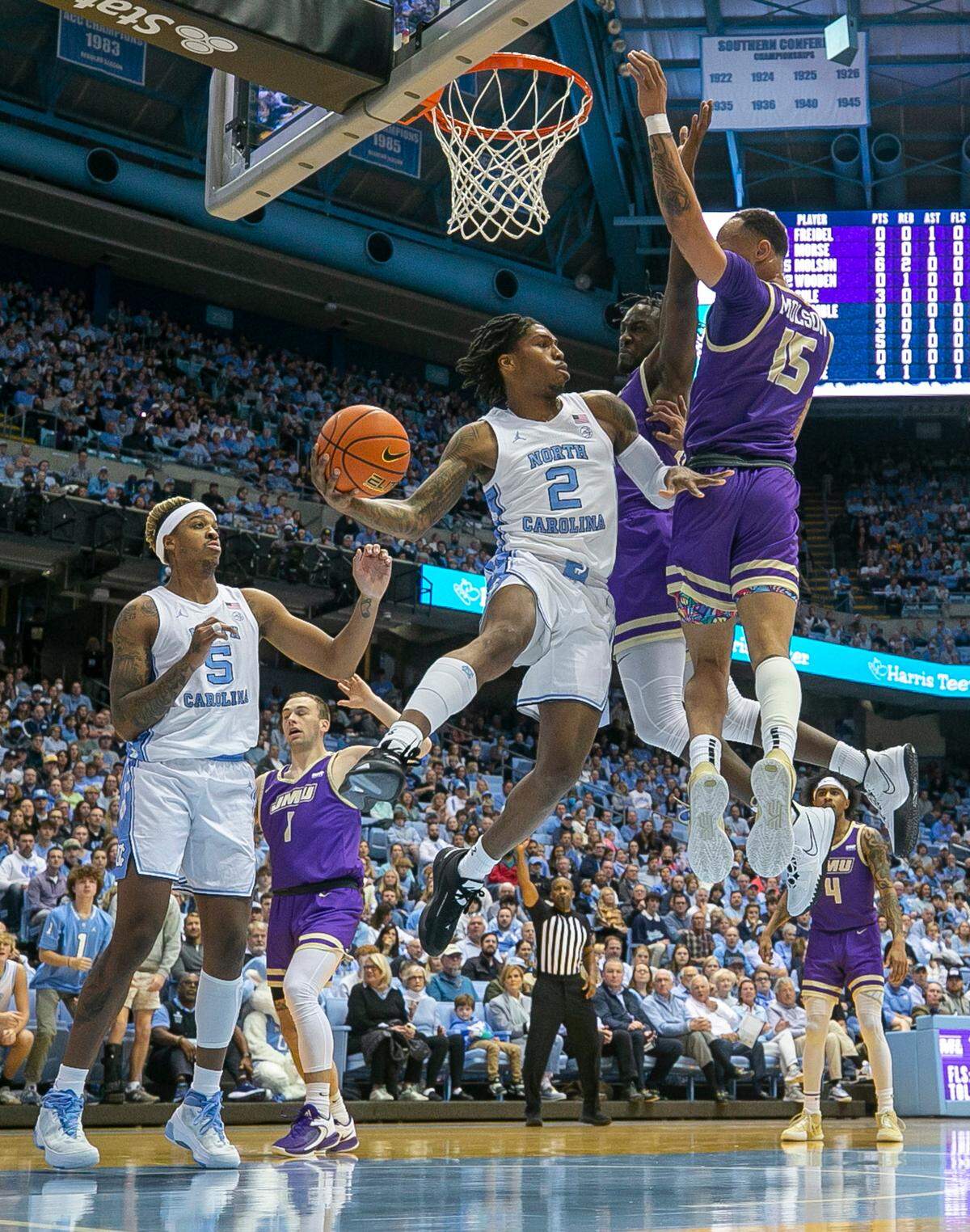 North Carolina’s Caleb Love (2) looks for an open teammate as he drives against James Madison’s Takal Molson (15) in the first half on Sunday, November 20, 2022 at the Smith Center in Chapel Hill, N.C.