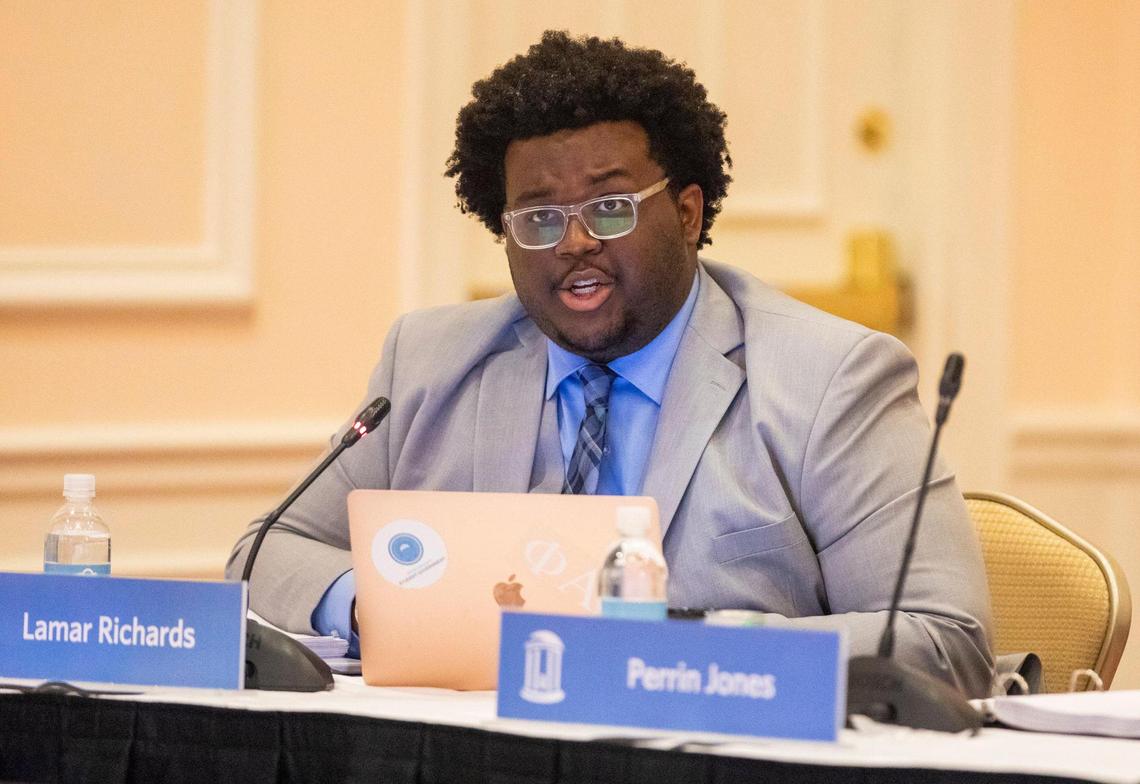 Lamar Richards, UNC-Chapel Hill Student Body President, makes remarks during the UNC Board of Trustees meeting at the Carolina Inn, on Thursday, July 15, 2021, in Chapel Hill, N.C.