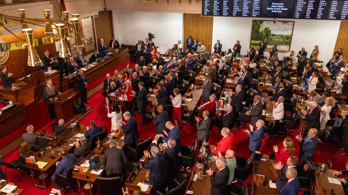 Gov. Josh Stein delivers his State of the State address to a joint session of the General Assembly on Wednesday, March 12, 2025, in the House chamber of the Legislative Building.