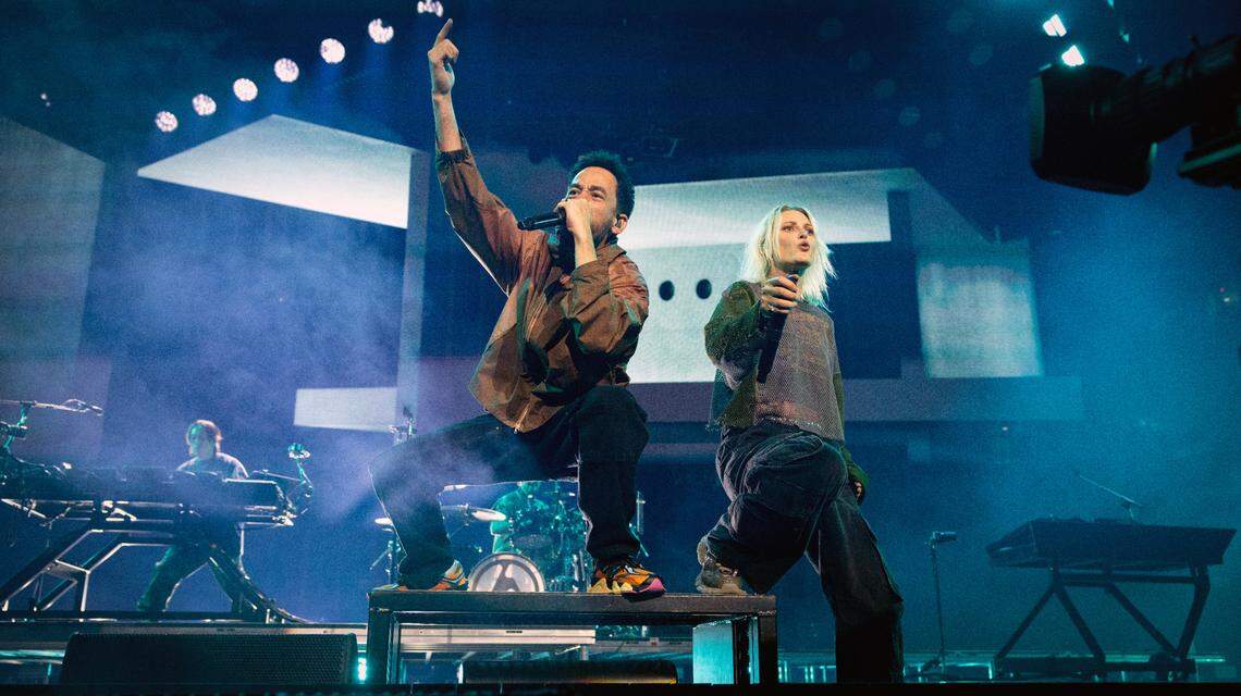 Linkin Park’s Mike Shinoda and Emily Armstrong work the crowd on the band’s “From Zero World Tour 2025” stop at Raleigh, N.C.’s Lenovo Center, Tuesday night, May 6, 2025.
