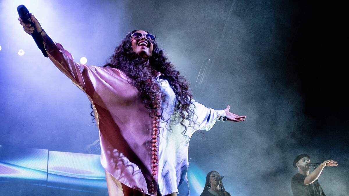 H.E.R. in concert at Raleigh, N.C.’s Red Hat Amphitheater, Friday night, June 24, 2021.