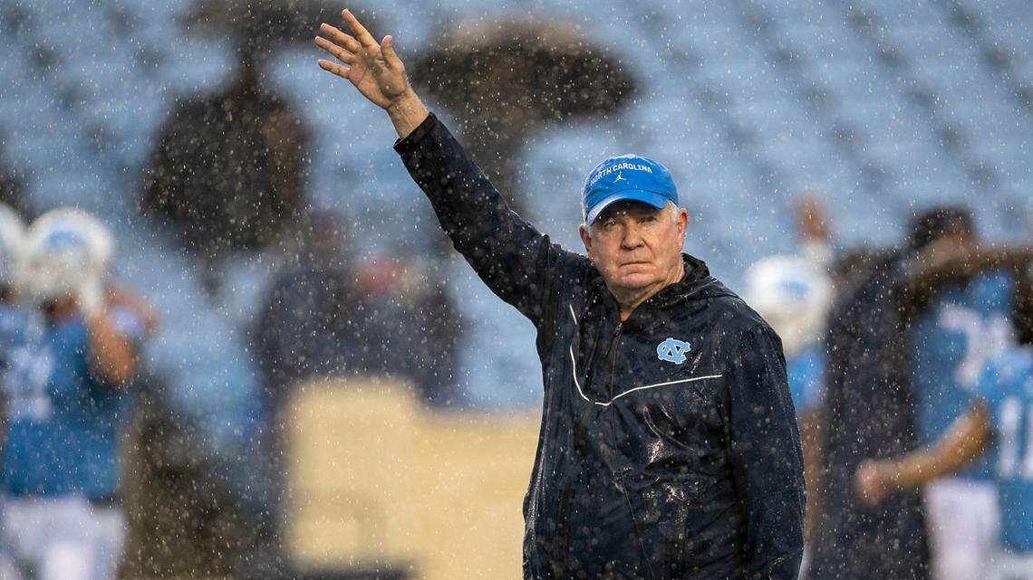 North Carolina coach Mack Brown waves to fans at the conclusion of the Tar Heels’ Spring football game on Saturday, April 24, 2021 in Chapel Hill, N.C.
