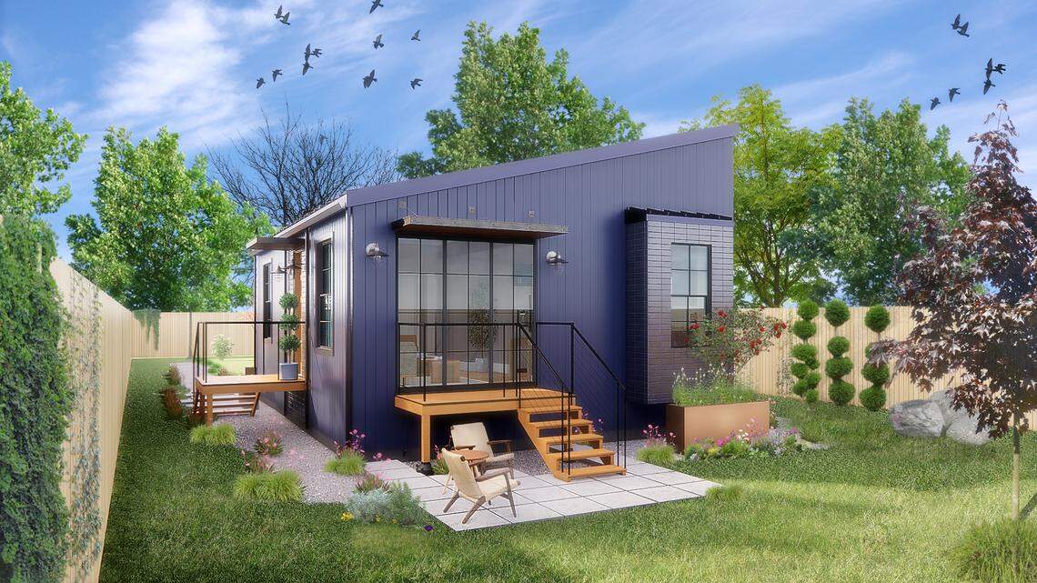 A rendering of a 2-bedroom, 800 square foot accessory dwelling unit offered by Atmos Arc.