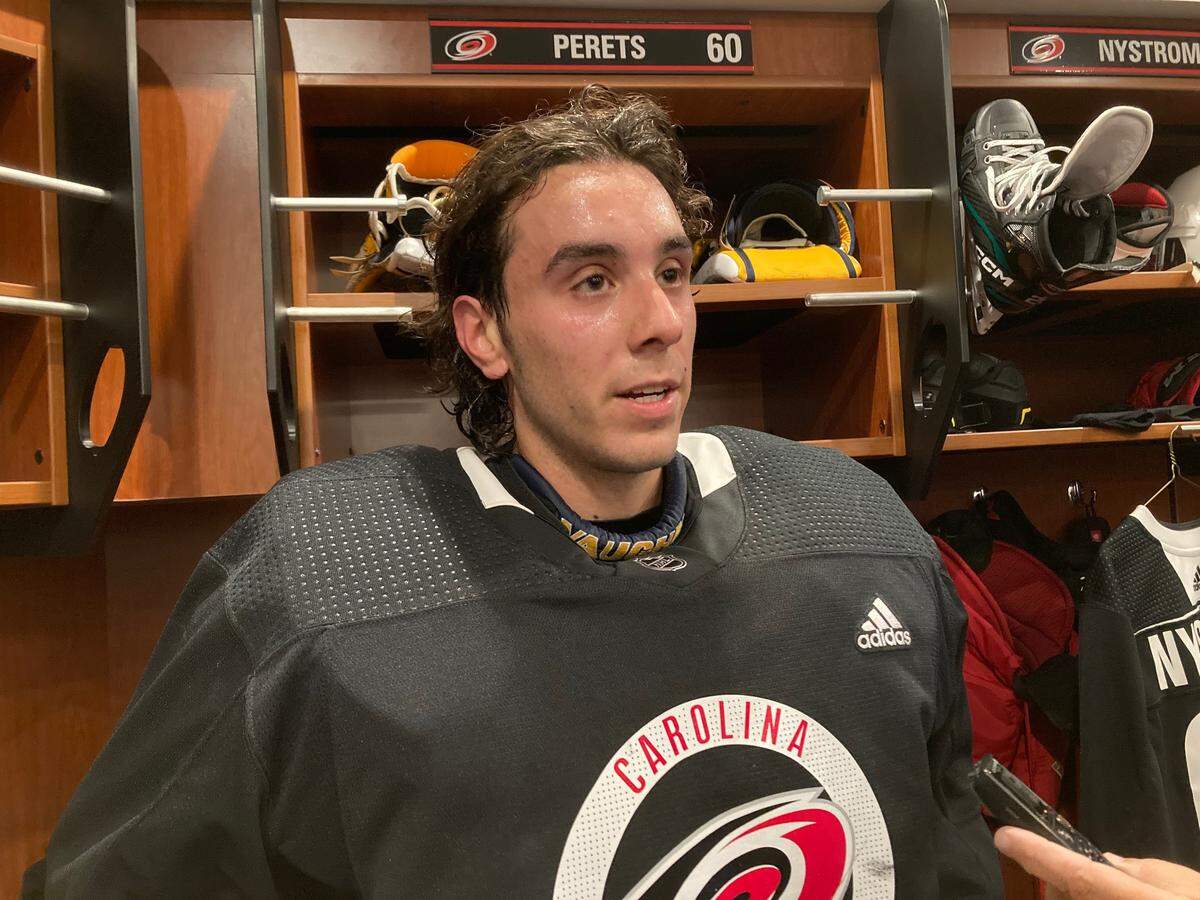 Goaltender Yaniv Perets answers media questions after 7/11/23 practice session in Carolina Hurricanes prospects development camp in Morrisville, NC.