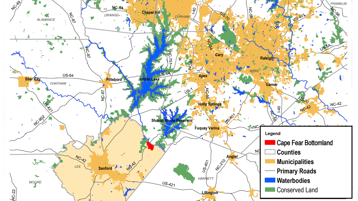 The Triangle Land Conservancy’s Cape Fear Bottomland in Lee County straddles N.C. 42 where it crosses the Cape Fear River.