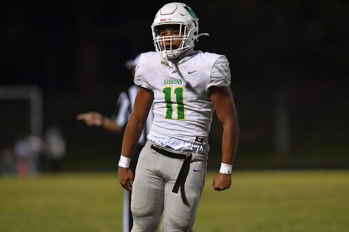 Cardinal Gibbons linebacker Skylar Alston reacts to a play against Southeast Raleigh during the first half. The Southeast Raleigh Bulldogs and the Cardinal Gibbons Crusaders met in a non-conference football game in Raleigh, N.C. September 12, 2025