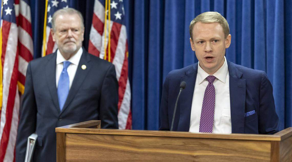 North Carolina House Speaker Destin Hall speaks during a press briefing on Sept. 11, 2025. Senate President Pro Tempore Phil Berger stands to the left.