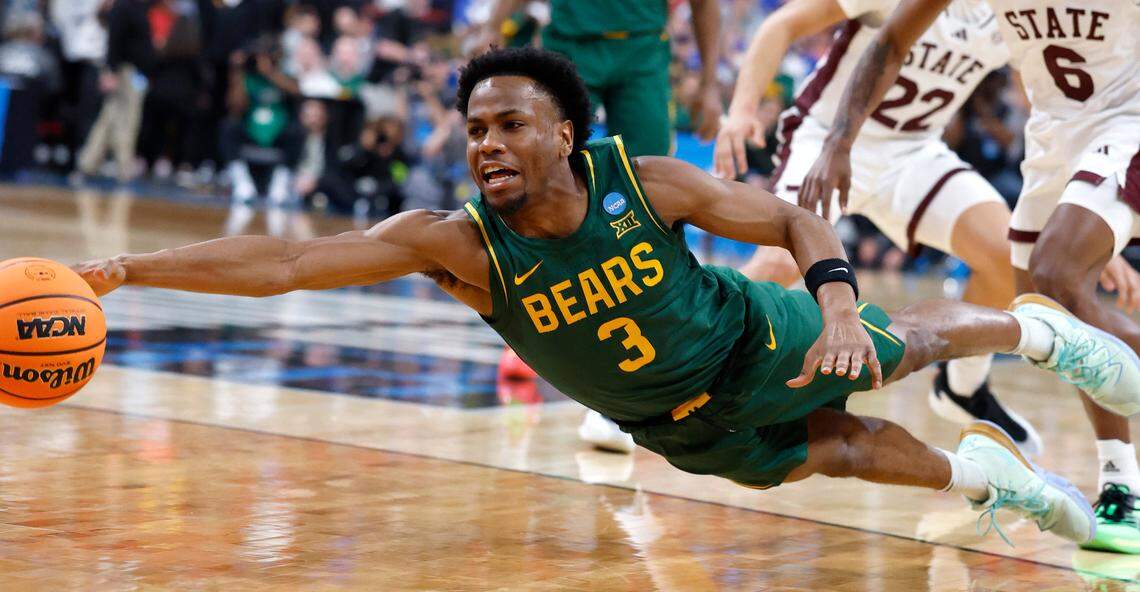 Baylor’s Jeremy Roach (3) dives after a loose ball during the first half of Baylor’s game against Mississippi State in the first round of the 2025 NCAA Men’s Basketball Tournament at the Lenovo Center in Raleigh, N.C., Friday, March 21, 2025.