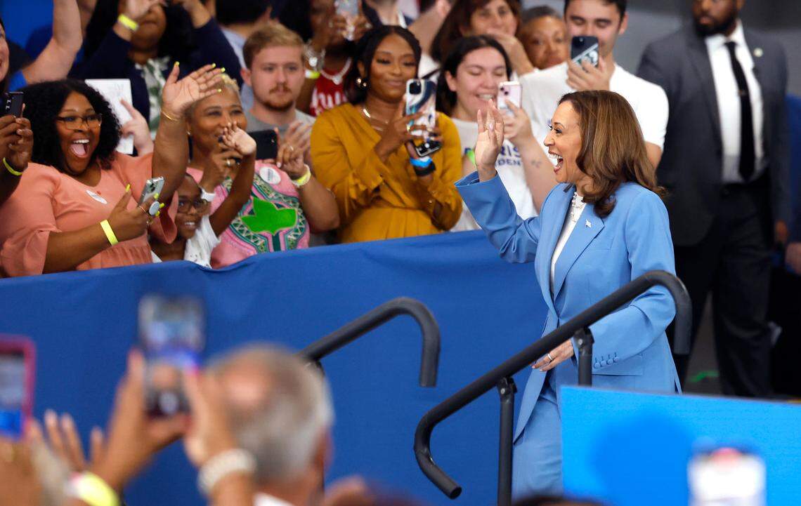 Vice President and Democratic nominee for president Kamala Harris greets the crowd before speaking at Wake Tech Community College’s North Campus in Raleigh, N.C., Friday, August 16, 2024.