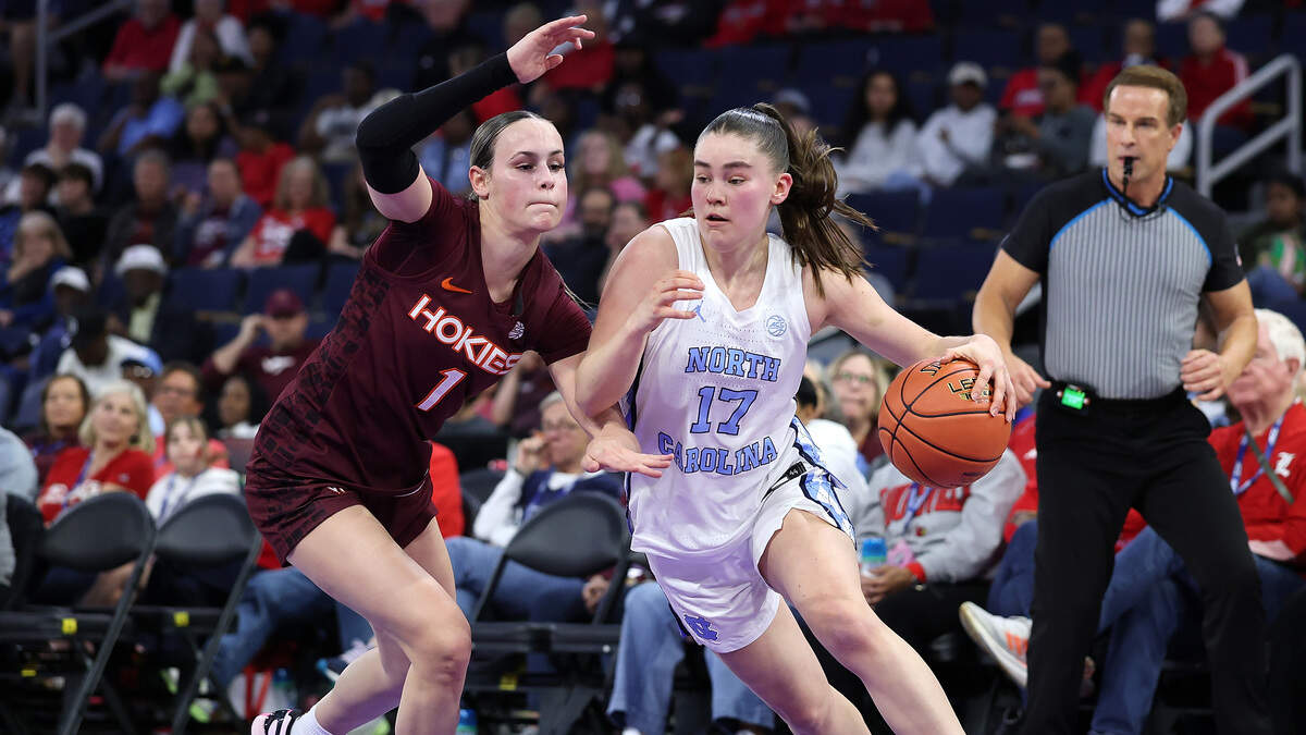 Elina Aarnisalo (17) of the North Carolina Tar Heels drives against Carleigh Wenzel of the Virginia Tech Hokies during the second quarter of the teams’ Women's ACC Tournament quarterfinal at Gas South Arena on March 6, 2026 in Duluth, Georgia.