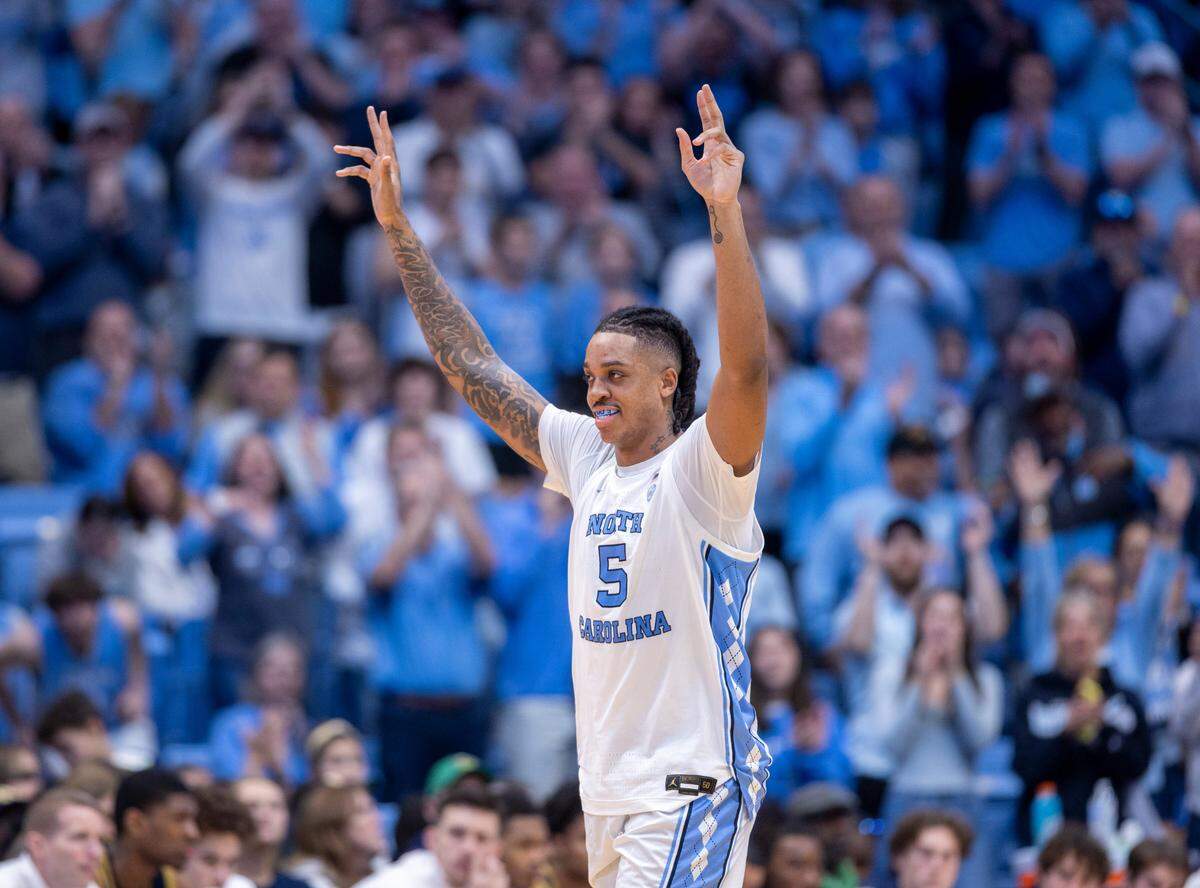 North Carolina’s Armando Bacot (5) leaves the court for the final time, after scoring 14 points in the Tar Heels’ 84-51 victory over Noter Dame, and Bacot’s final home game on Tuesday, March 5, 2023 at the Smith Center in Chapel Hill, N.C.