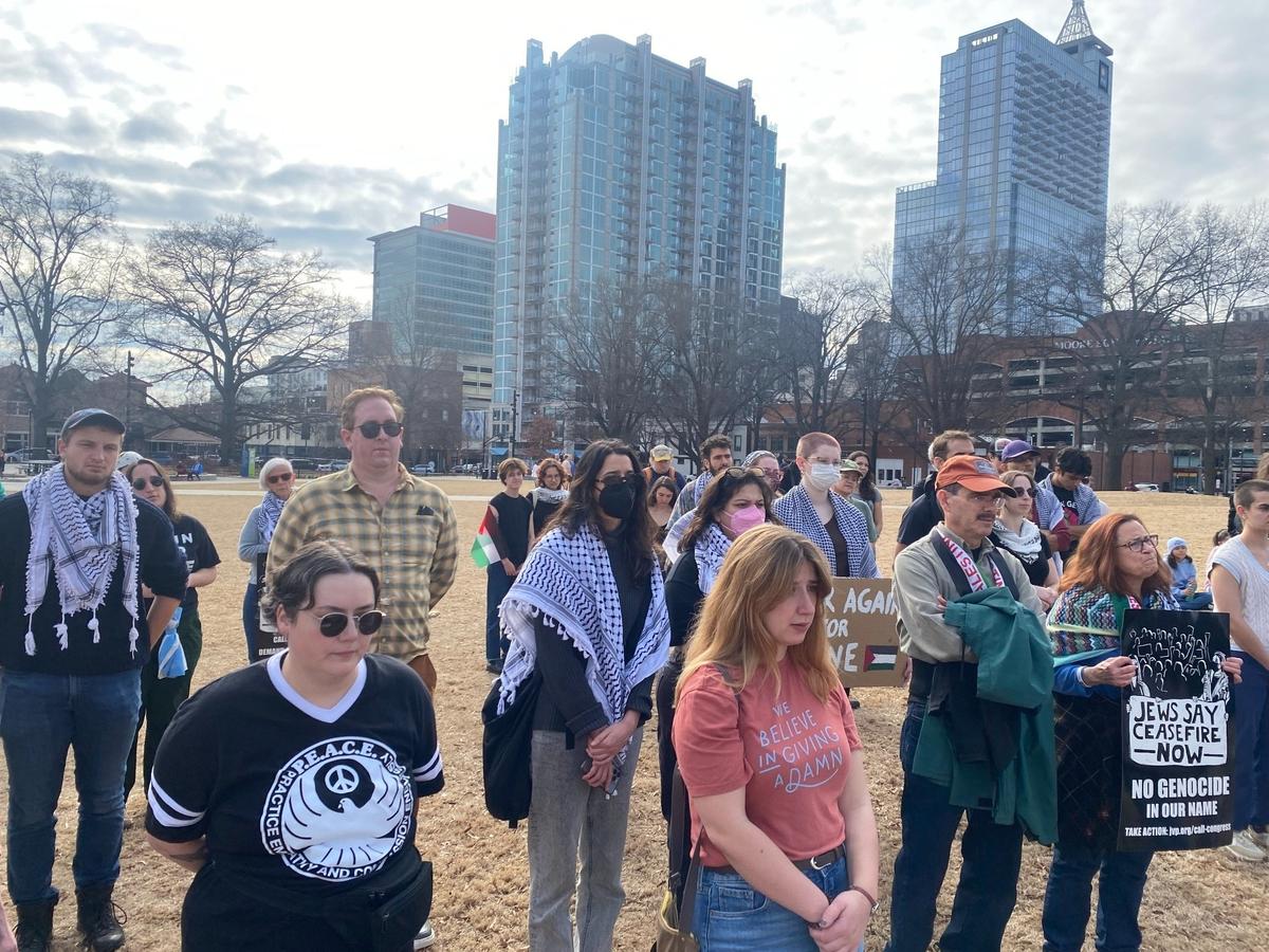 More than 200 gather in Moore Square in downtown Raleigh for Holocaust Remembrance Day, calling for a cease-fire in Gaza.